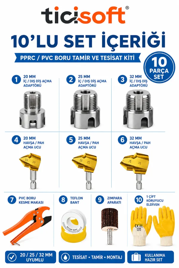 10 Parça PPRC PVC Boru Tamir Seti 20-25-32 mm İç Dış Diş Açma Havşa Pah Açma Boru Makası Tesisatçı Kiti