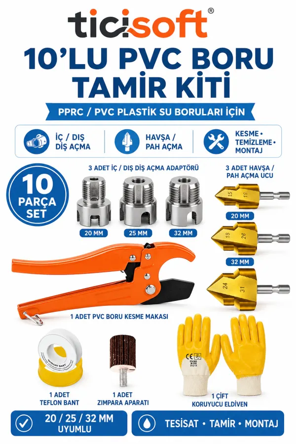 10 Parça PPRC PVC Boru Tamir Seti 20-25-32 mm İç Dış Diş Açma Havşa Pah Açma Boru Makası Tesisatçı Kiti