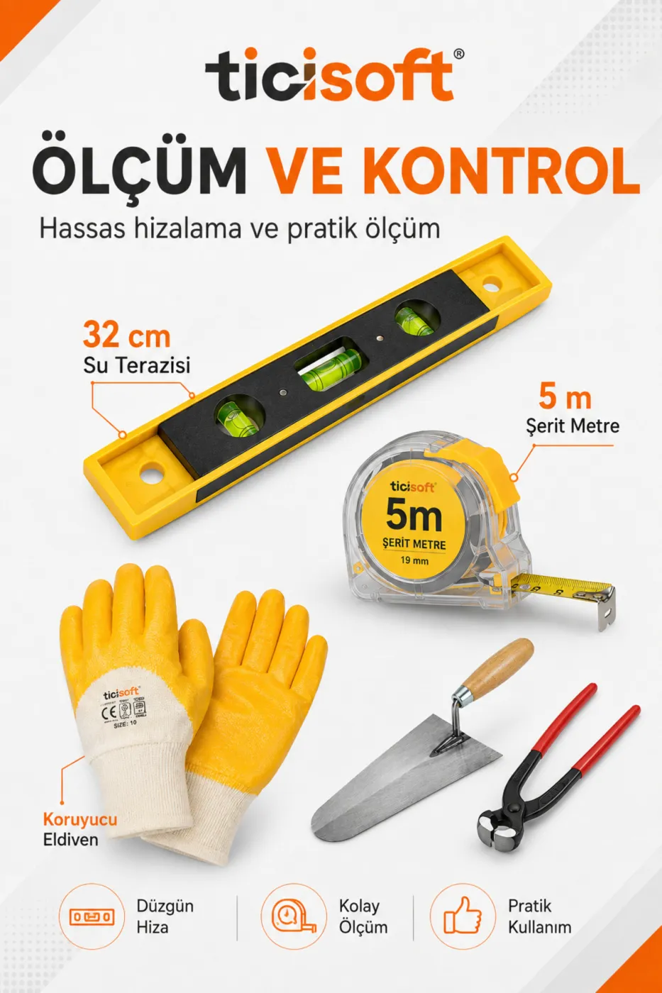 5 Parça İnşaatçı El Aletleri Seti 20 cm Sıvacı Malası 25 cm Betoncu Kerpeteni 32 cm Su Terazisi 5 Metre Şerit Metre İş Eldiveni