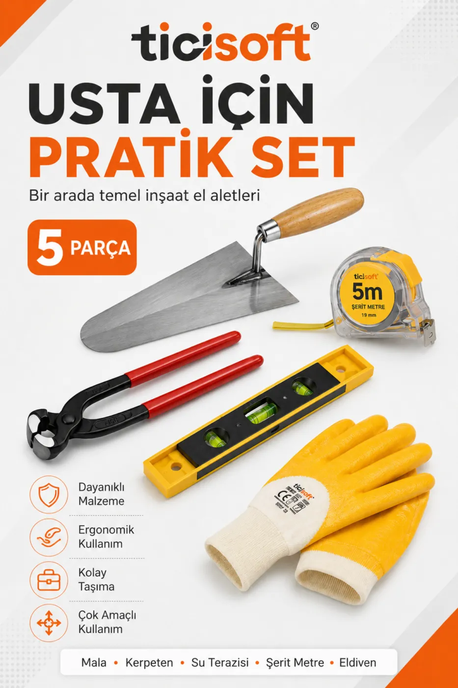 5 Parça İnşaatçı El Aletleri Seti 20 cm Sıvacı Malası 25 cm Betoncu Kerpeteni 32 cm Su Terazisi 5 Metre Şerit Metre İş Eldiveni