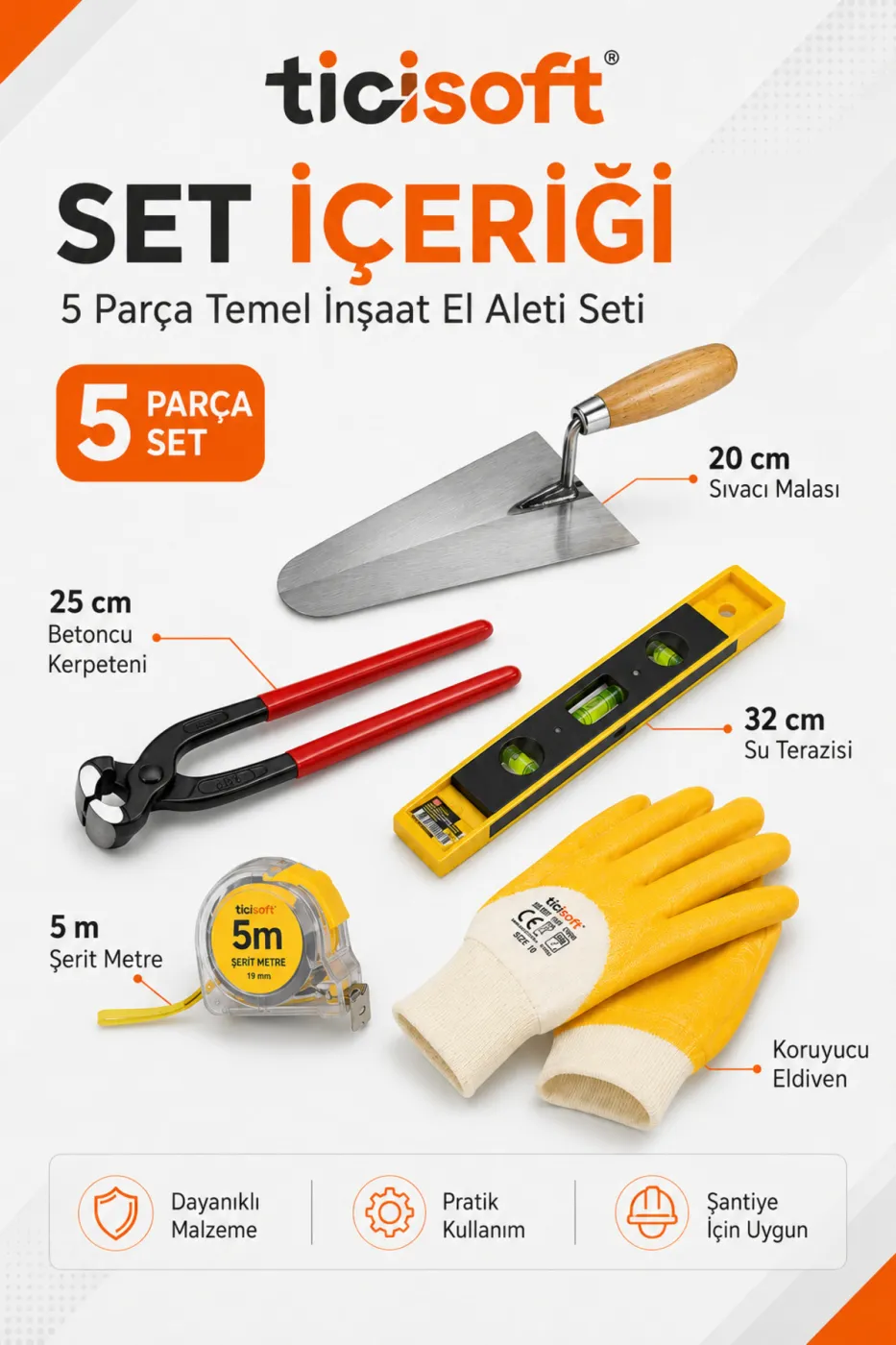 5 Parça İnşaatçı El Aletleri Seti 20 cm Sıvacı Malası 25 cm Betoncu Kerpeteni 32 cm Su Terazisi 5 Metre Şerit Metre İş Eldiveni