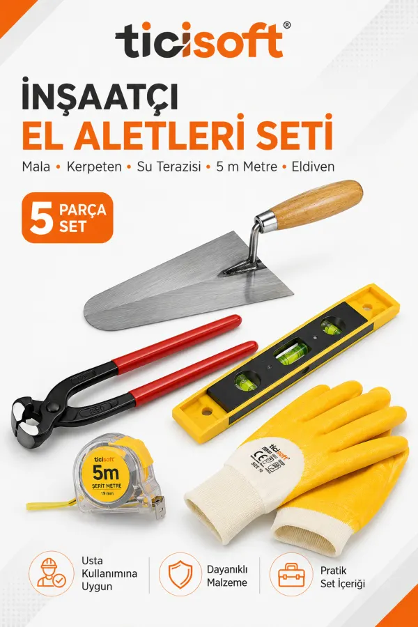 5 Parça İnşaatçı El Aletleri Seti 20 cm Sıvacı Malası 25 cm Betoncu Kerpeteni 32 cm Su Terazisi 5 Metre Şerit Metre İş Eldiveni