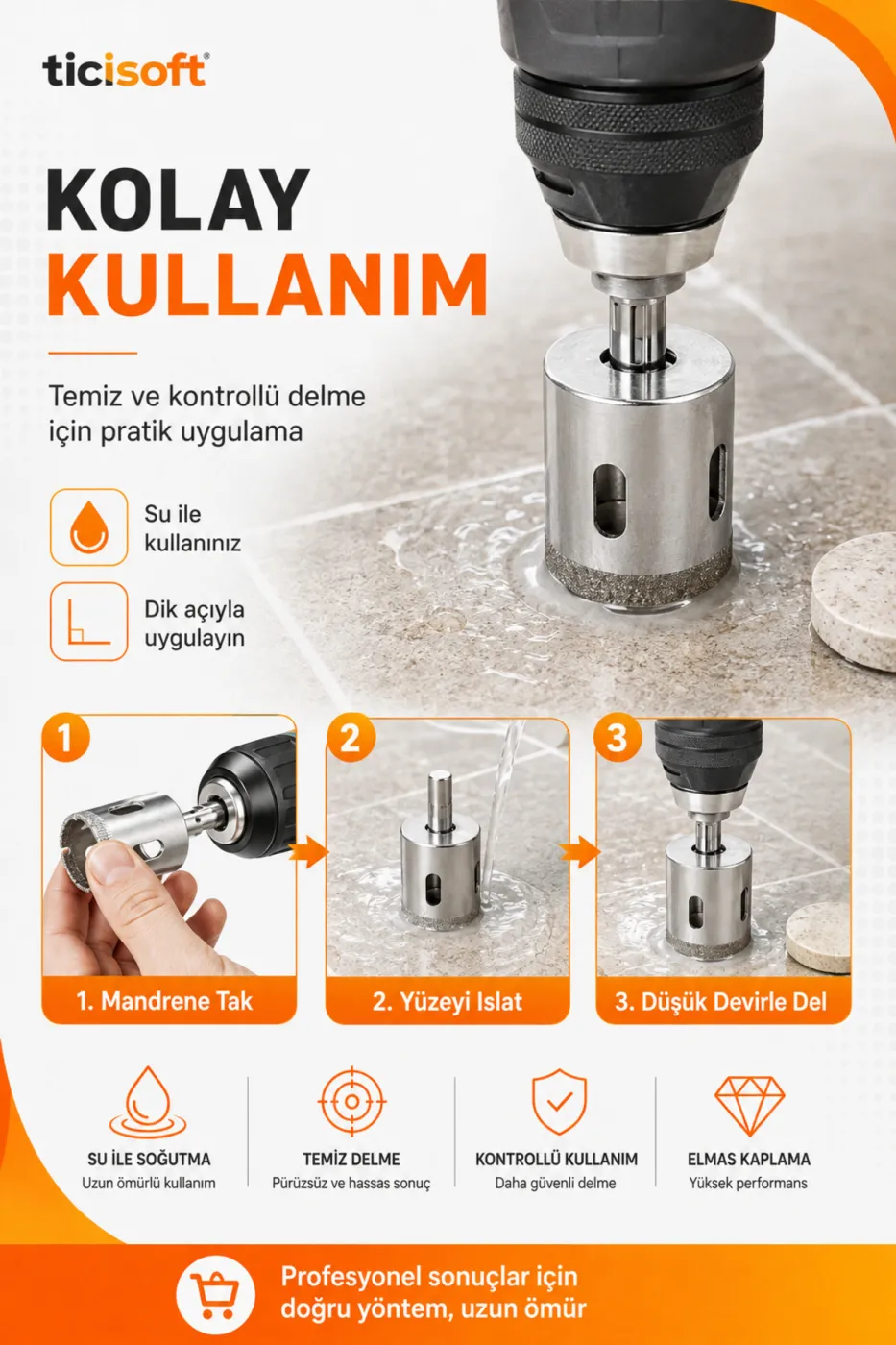 48 mm Elmas Kaplı Panç Delici Uç Cam Seramik Mermer Granit Delme Matkap Ucu