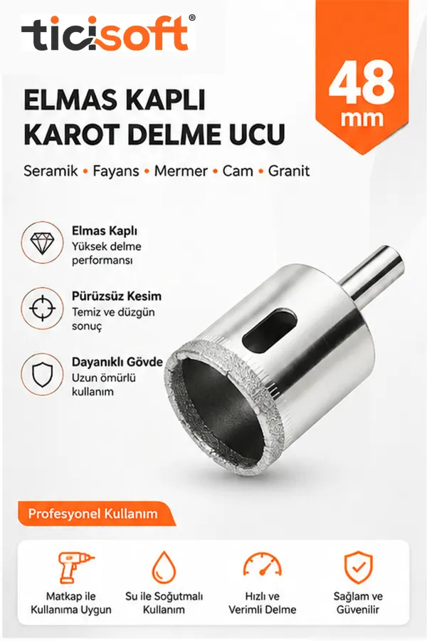 48 mm Elmas Kaplı Panç Delici Uç Cam Seramik Mermer Granit Delme Matkap Ucu