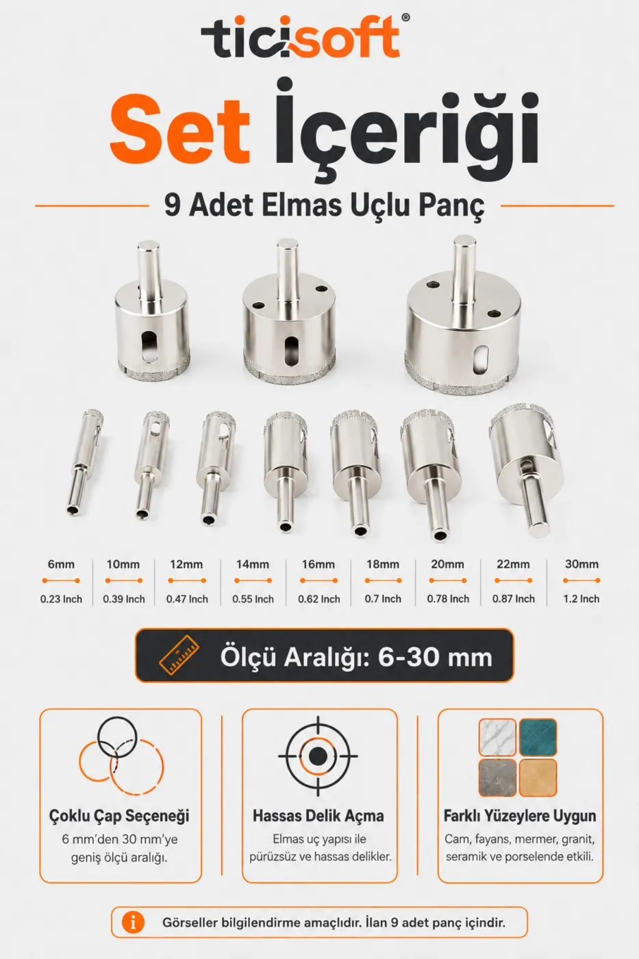 Cam Fayans Mermer Granit Seramik Porselen Delme Panç Seti Elmas Uçlu 6-30 mm 9 Parça