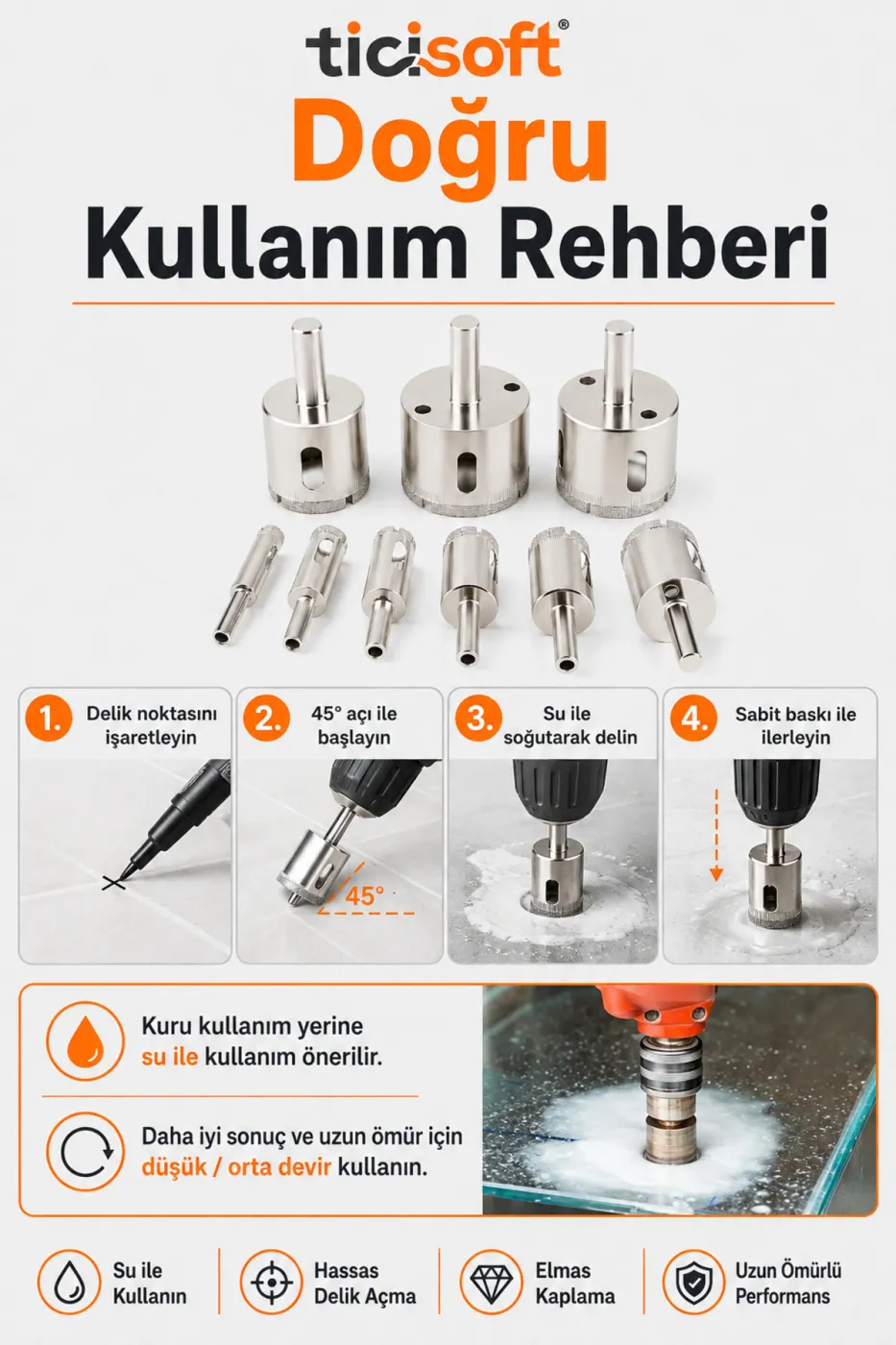 Cam Fayans Mermer Granit Seramik Porselen Delme Panç Seti Elmas Uçlu 6-30 mm 9 Parça