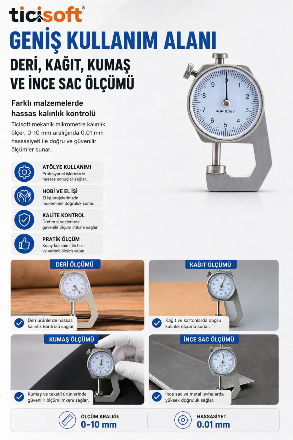 Mekanik Mikrometre Kalınlık Ölçer 0-10 mm Hassas Analog Kumpas 0.01 mm Deri Kağıt Kumaş Sac Ölçüm Cihazı