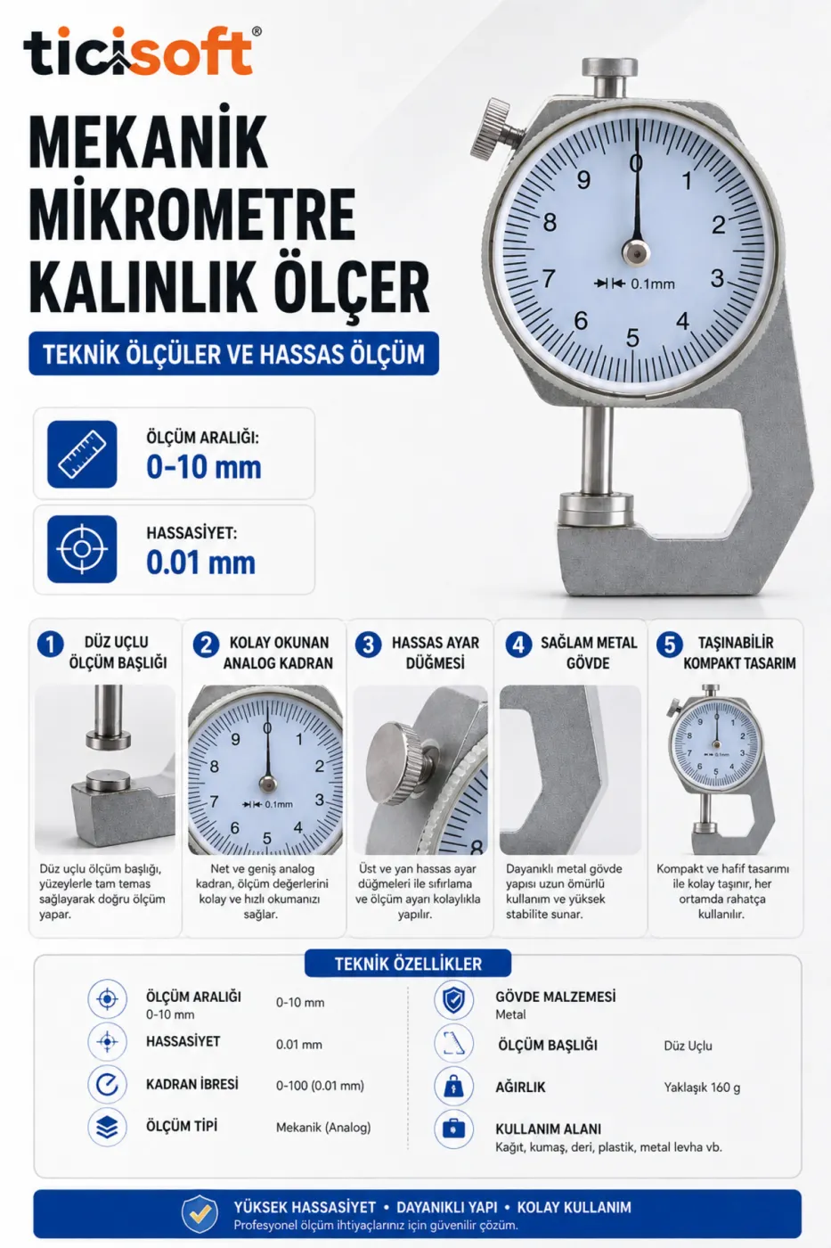 Mekanik Mikrometre Kalınlık Ölçer 0-10 mm Hassas Analog Kumpas 0.01 mm Deri Kağıt Kumaş Sac Ölçüm Cihazı