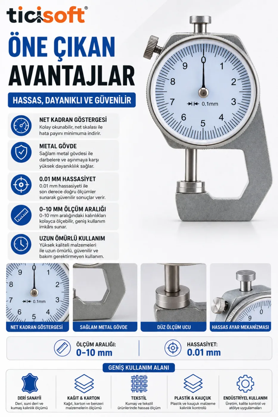 Mekanik Mikrometre Kalınlık Ölçer 0-10 mm Hassas Analog Kumpas 0.01 mm Deri Kağıt Kumaş Sac Ölçüm Cihazı