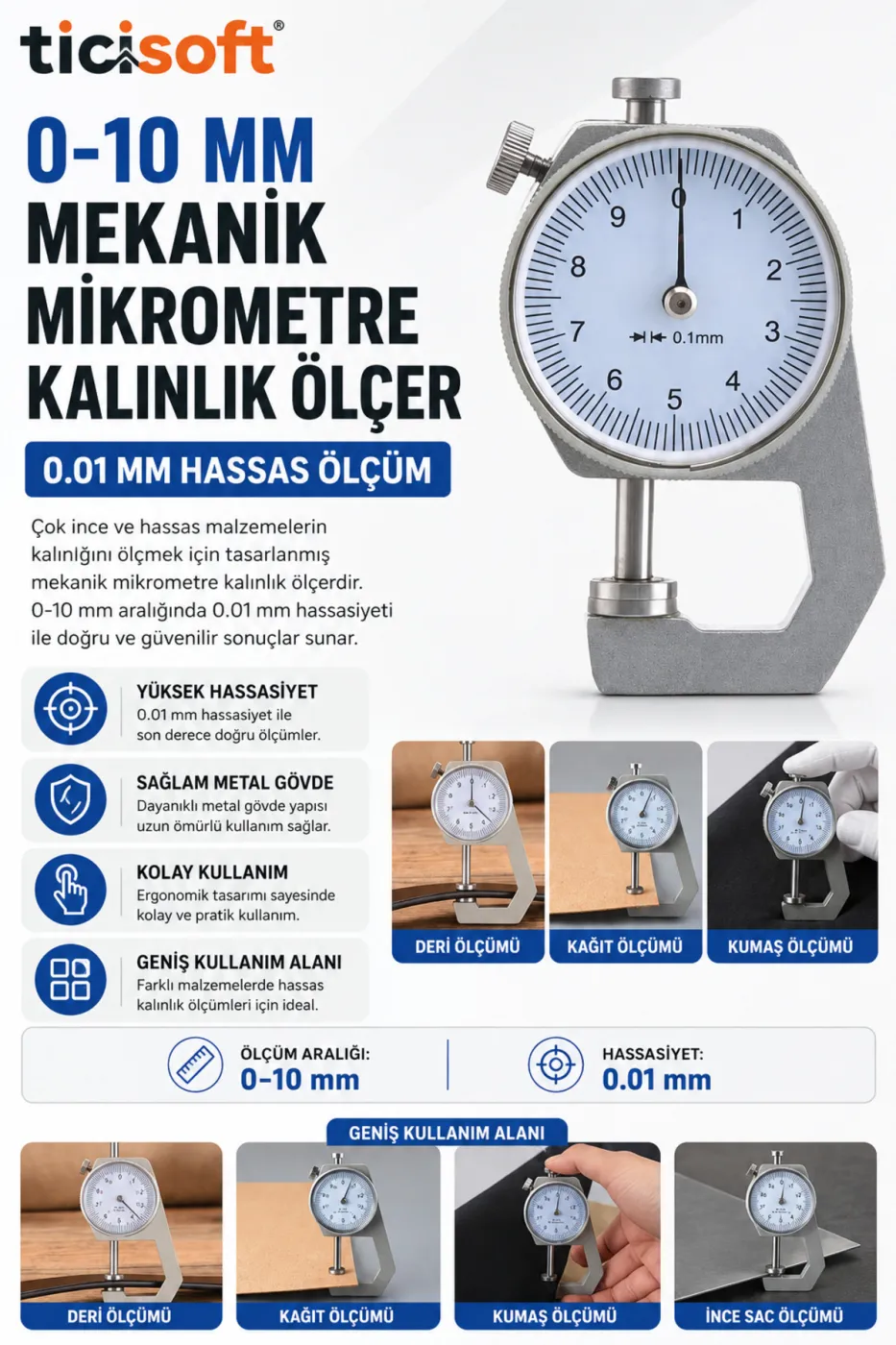 Mekanik Mikrometre Kalınlık Ölçer 0-10 mm Hassas Analog Kumpas 0.01 mm Deri Kağıt Kumaş Sac Ölçüm Cihazı