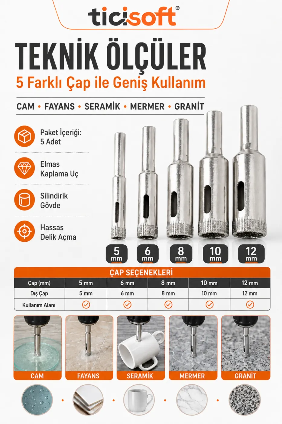 Cam Fayans Delme Ucu Seti 5 Parça 5-6-8-10-12 mm Elmas Uçlu Karot Mermer Seramik Granit Delici