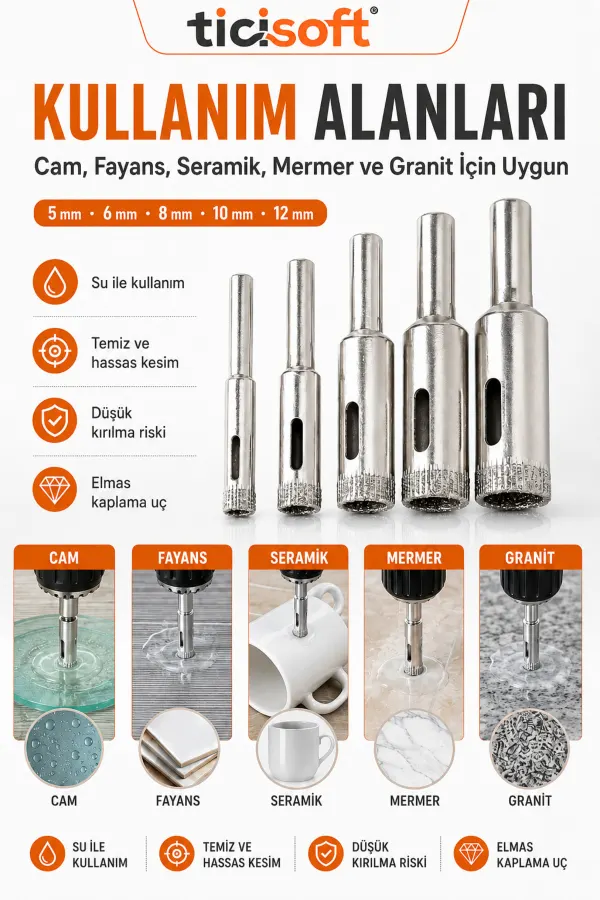 Cam Fayans Delme Ucu Seti 5 Parça 5-6-8-10-12 mm Elmas Uçlu Karot Mermer Seramik Granit Delici