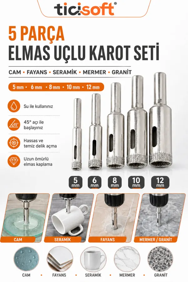 Cam Fayans Delme Ucu Seti 5 Parça 5-6-8-10-12 mm Elmas Uçlu Karot Mermer Seramik Granit Delici
