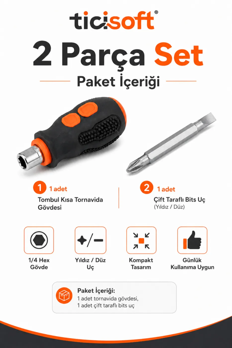 Tombul Kısa Tornavida 1/4 Hex Bits Tutucu Çift Yönlü Düz Yıldız Uç 2 Parça Mini Tornavida Seti