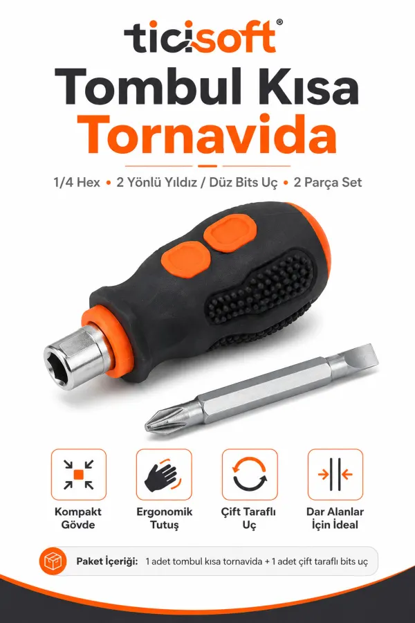 Tombul Kısa Tornavida 1/4 Hex Bits Tutucu Çift Yönlü Düz Yıldız Uç 2 Parça Mini Tornavida Seti