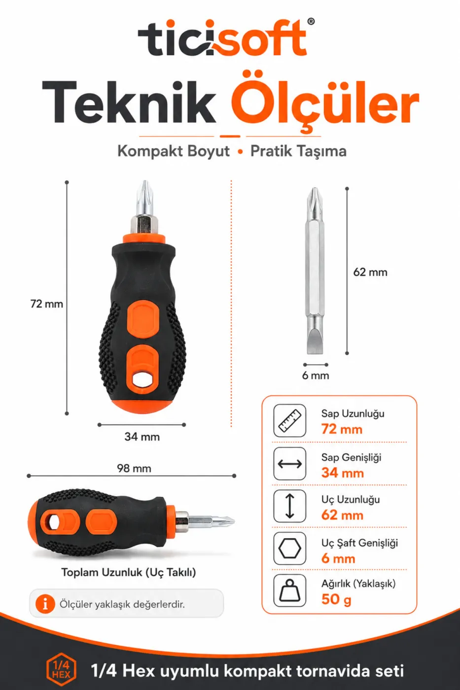 Tombul Kısa Tornavida 1/4 Hex Bits Tutucu Çift Yönlü Düz Yıldız Uç 2 Parça Mini Tornavida Seti