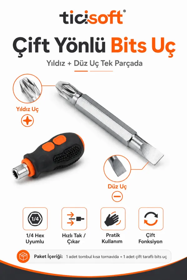 Tombul Kısa Tornavida 1/4 Hex Bits Tutucu Çift Yönlü Düz Yıldız Uç 2 Parça Mini Tornavida Seti