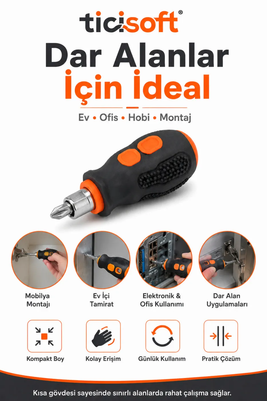 Tombul Kısa Tornavida 1/4 Hex Bits Tutucu Çift Yönlü Düz Yıldız Uç 2 Parça Mini Tornavida Seti