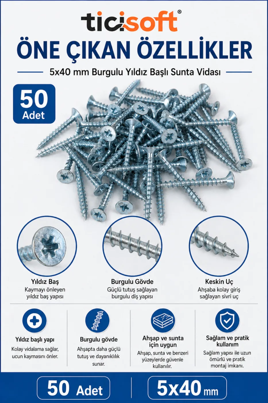 5x40 mm Sunta Vidası 50 Adet Burgulu Yıldız Başlı Ahşap Vidası Seti Sivri Uçlu Montaj Vidası