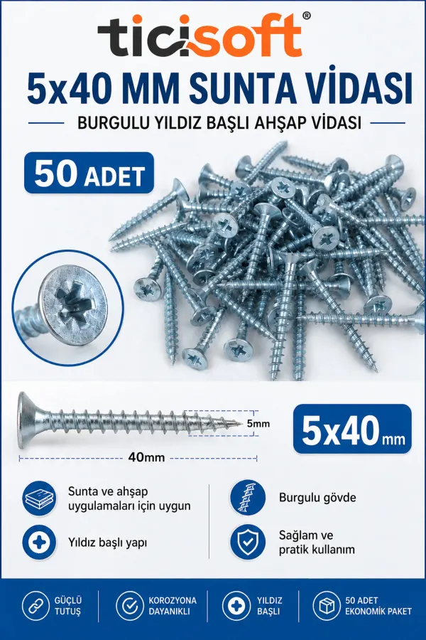 5x40 mm Sunta Vidası 50 Adet Burgulu Yıldız Başlı Ahşap Vidası Seti Sivri Uçlu Montaj Vidası
