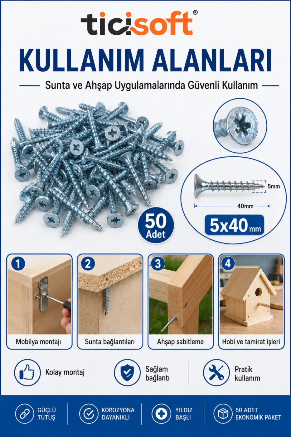 5x40 mm Sunta Vidası 50 Adet Burgulu Yıldız Başlı Ahşap Vidası Seti Sivri Uçlu Montaj Vidası