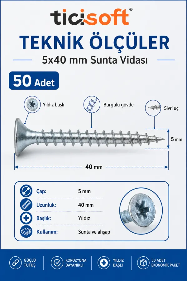 5x40 mm Sunta Vidası 50 Adet Burgulu Yıldız Başlı Ahşap Vidası Seti Sivri Uçlu Montaj Vidası