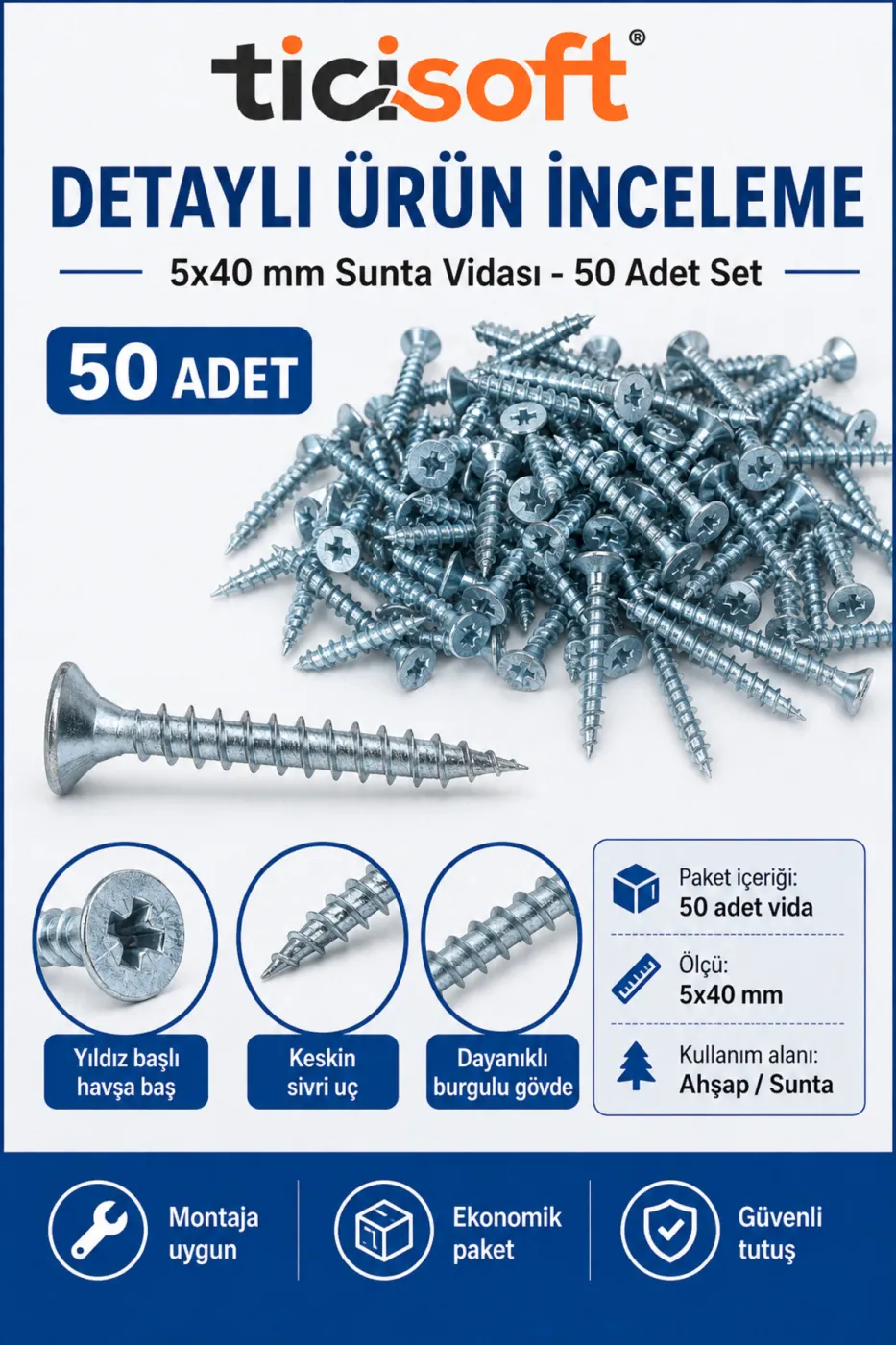 5x40 mm Sunta Vidası 50 Adet Burgulu Yıldız Başlı Ahşap Vidası Seti Sivri Uçlu Montaj Vidası