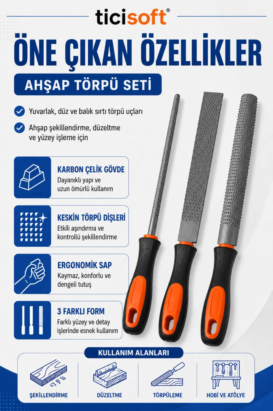 Ahşap Törpü Seti 3 Parça 30 cm Saplı Karbon Çelik Yuvarlak Düz Balık Sırtı Ahşap Şekillendirme Eğe Seti