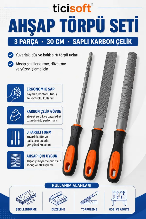 Ahşap Törpü Seti 3 Parça 30 cm Saplı Karbon Çelik Yuvarlak Düz Balık Sırtı Ahşap Şekillendirme Eğe Seti