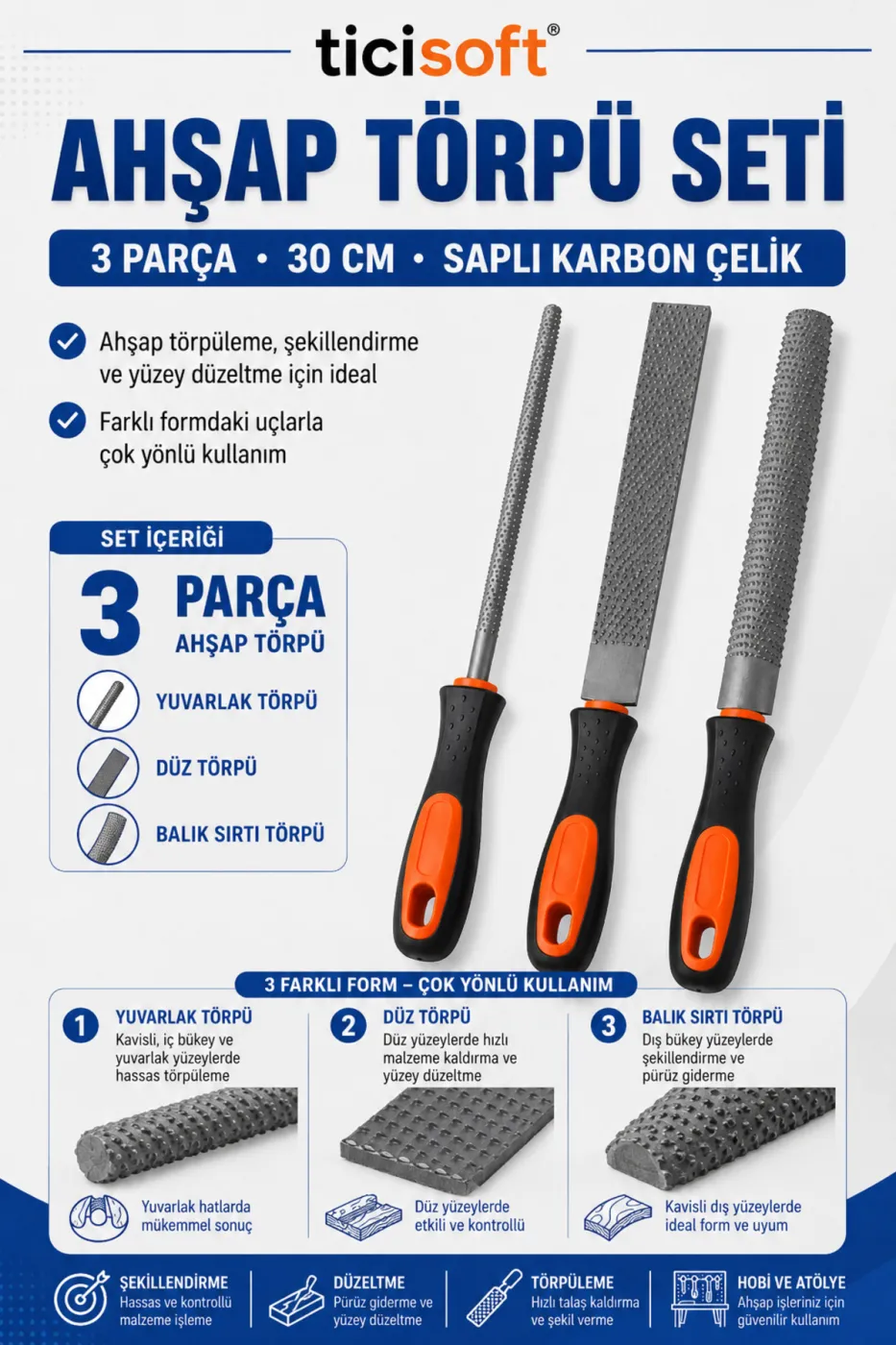 Ahşap Törpü Seti 3 Parça 30 cm Saplı Karbon Çelik Yuvarlak Düz Balık Sırtı Ahşap Şekillendirme Eğe Seti