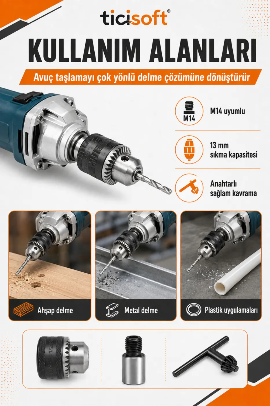 Avuç Taşlama Spiral Makinesini Matkaba Dönüştürme Seti 13 mm Anahtarlı Çelik Mandren M14 - 1/2 Adaptör