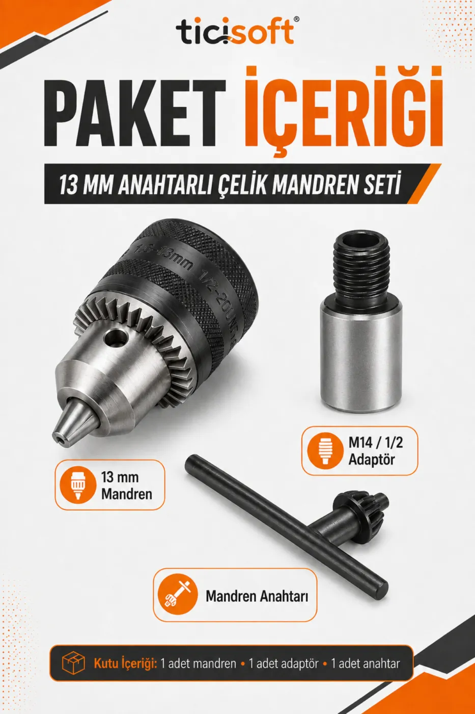 Avuç Taşlama Spiral Makinesini Matkaba Dönüştürme Seti 13 mm Anahtarlı Çelik Mandren M14 - 1/2 Adaptör