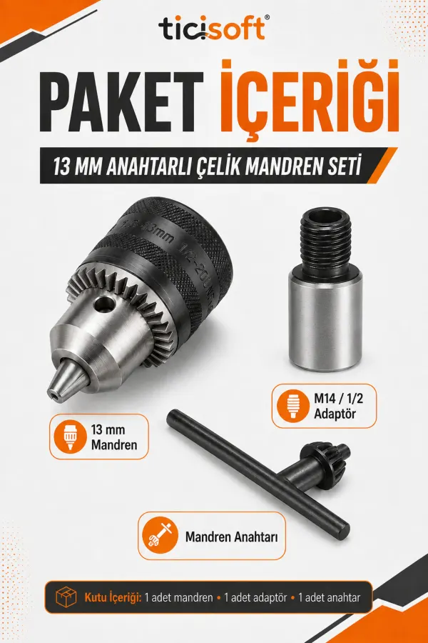 Avuç Taşlama Spiral Makinesini Matkaba Dönüştürme Seti 13 mm Anahtarlı Çelik Mandren M14 - 1/2 Adaptör