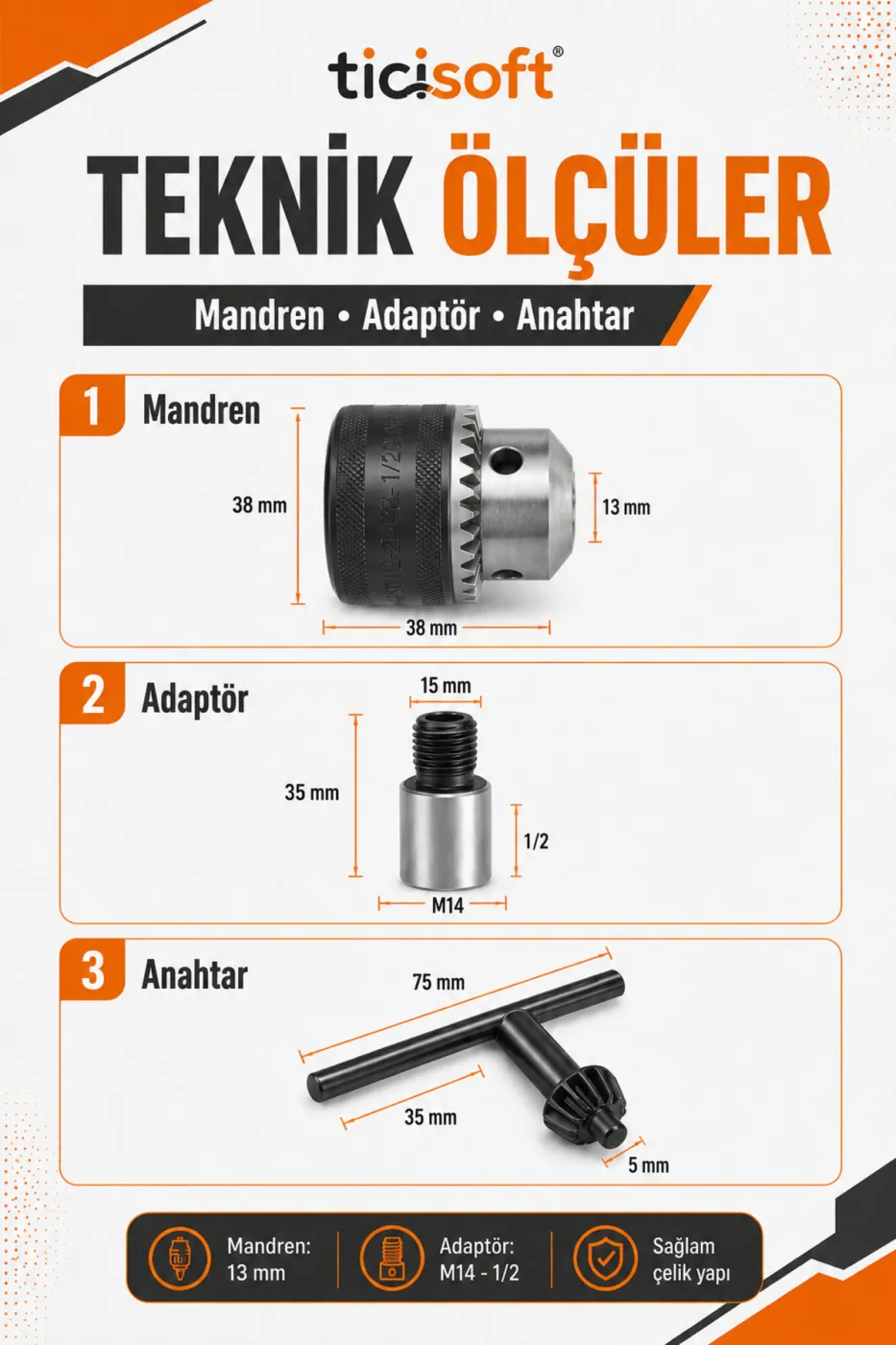 Avuç Taşlama Spiral Makinesini Matkaba Dönüştürme Seti 13 mm Anahtarlı Çelik Mandren M14 - 1/2 Adaptör