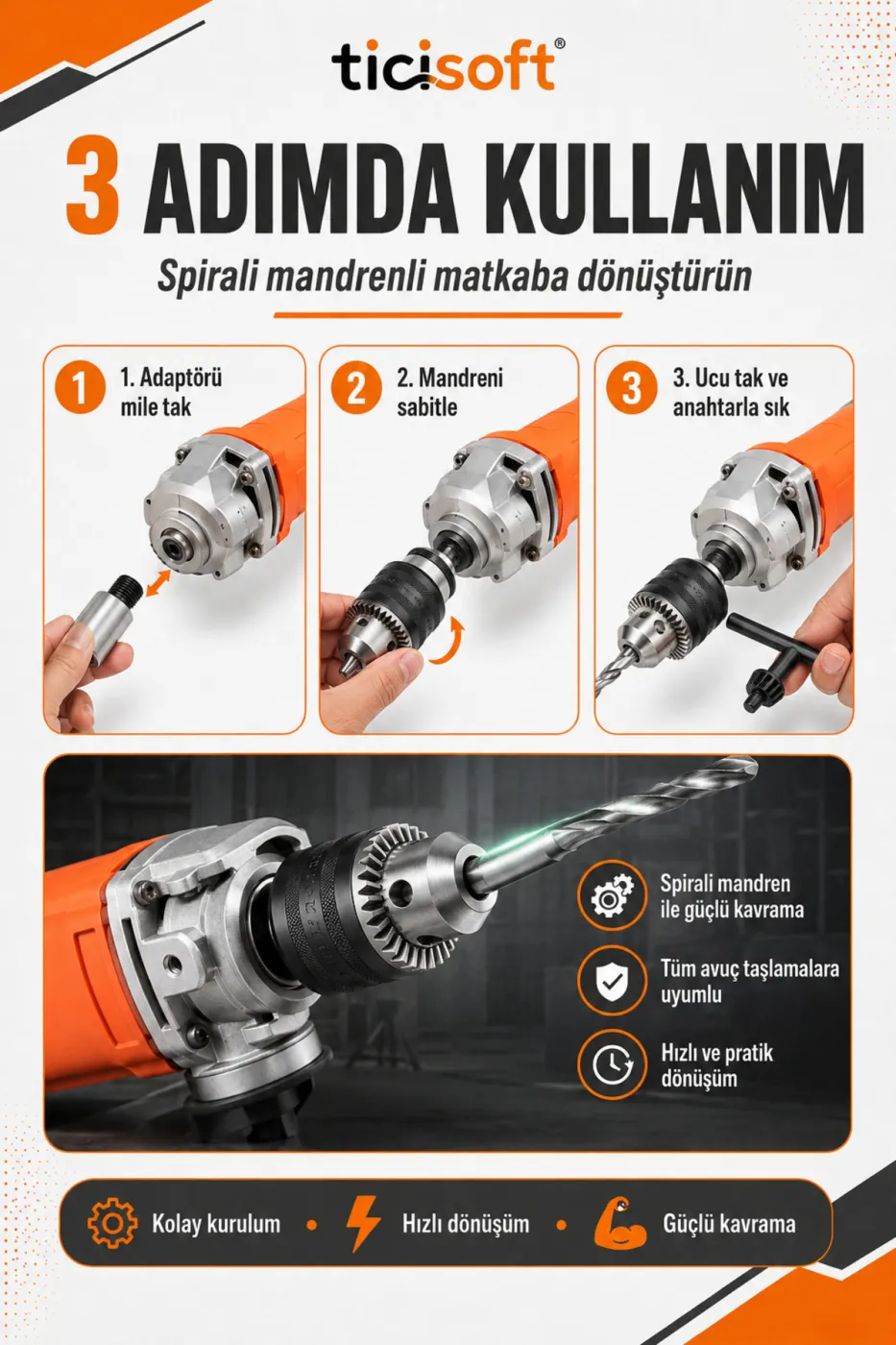 Avuç Taşlama Spiral Makinesini Matkaba Dönüştürme Seti 13 mm Anahtarlı Çelik Mandren M14 - 1/2 Adaptör