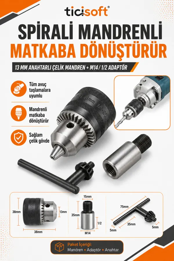 Avuç Taşlama Spiral Makinesini Matkaba Dönüştürme Seti 13 mm Anahtarlı Çelik Mandren M14 - 1/2 Adaptör