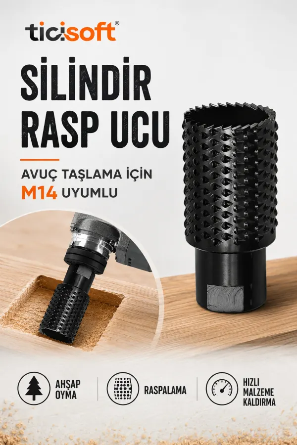 Avuç Taşlama İçin M14 Silindir Ahşap Oyma Rasp Ucu – Karbon Çelik Traşlama ve Şekillendirme Aparatı