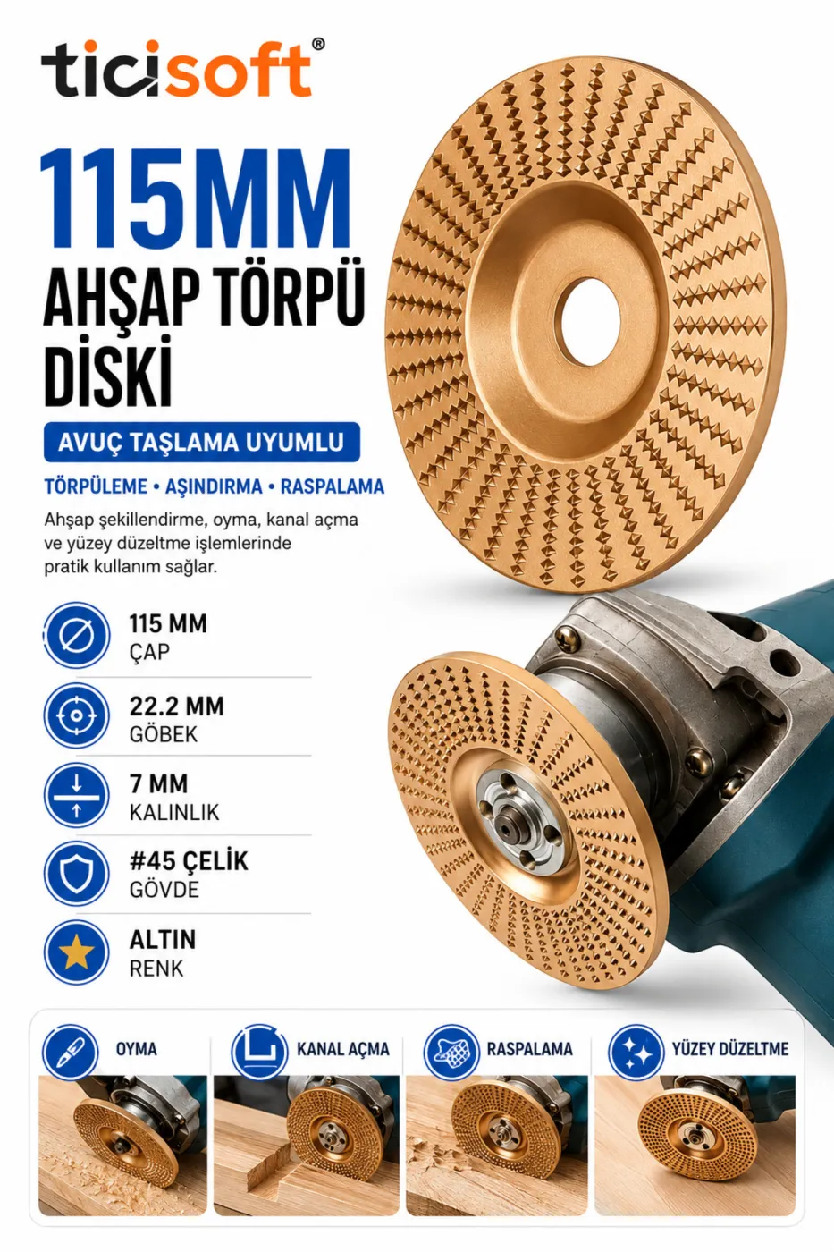 115 mm Ahşap Törpü Diski Avuç Taşlama Uyumlu Oyma Raspalama Aşındırma Şekillendirme Diski 22.2 mm
