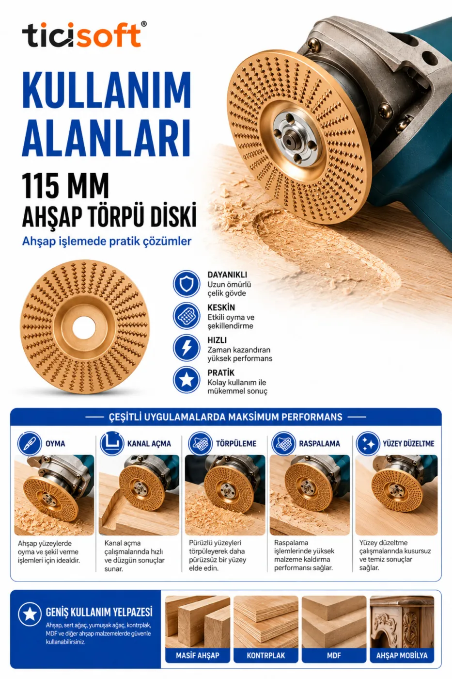 115 mm Ahşap Törpü Diski Avuç Taşlama Uyumlu Oyma Raspalama Aşındırma Şekillendirme Diski 22.2 mm