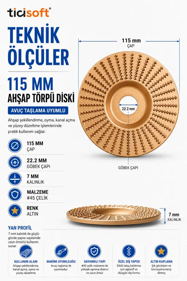 115 mm Ahşap Törpü Diski Avuç Taşlama Uyumlu Oyma Raspalama Aşındırma Şekillendirme Diski 22.2 mm