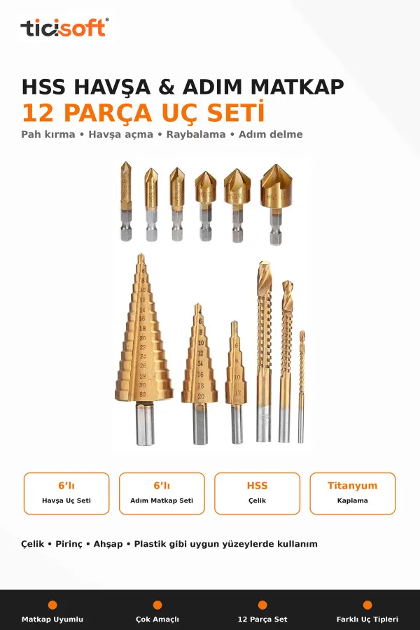 12 Parça HSS Titanyum Kaplı Havşa ve Adım Matkap Ucu Seti Pah Kırma Raybalama Kozalak Delme Uçları