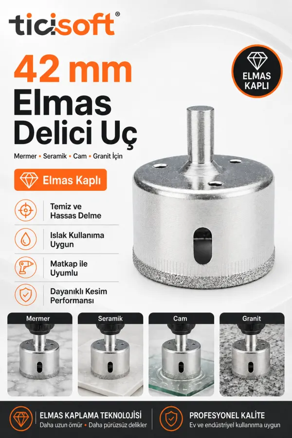 42 mm Elmas Kaplı Panç Delici Uç Cam Seramik Mermer Granit Delme Matkap Ucu