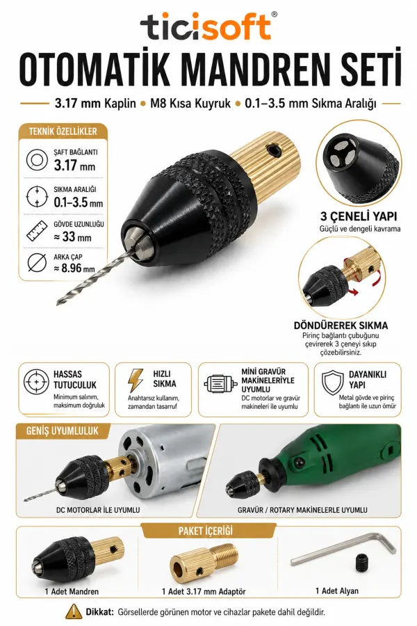 3.17 mm Motor Mili Otomatik Mandren Seti M8 Kısa Kuyruk 3 Çeneli Mini Gravür Makinesi Mandreni 0.1-3.5 mm
