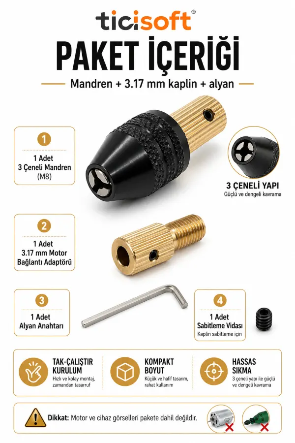 3.17 mm Motor Mili Otomatik Mandren Seti M8 Kısa Kuyruk 3 Çeneli Mini Gravür Makinesi Mandreni 0.1-3.5 mm