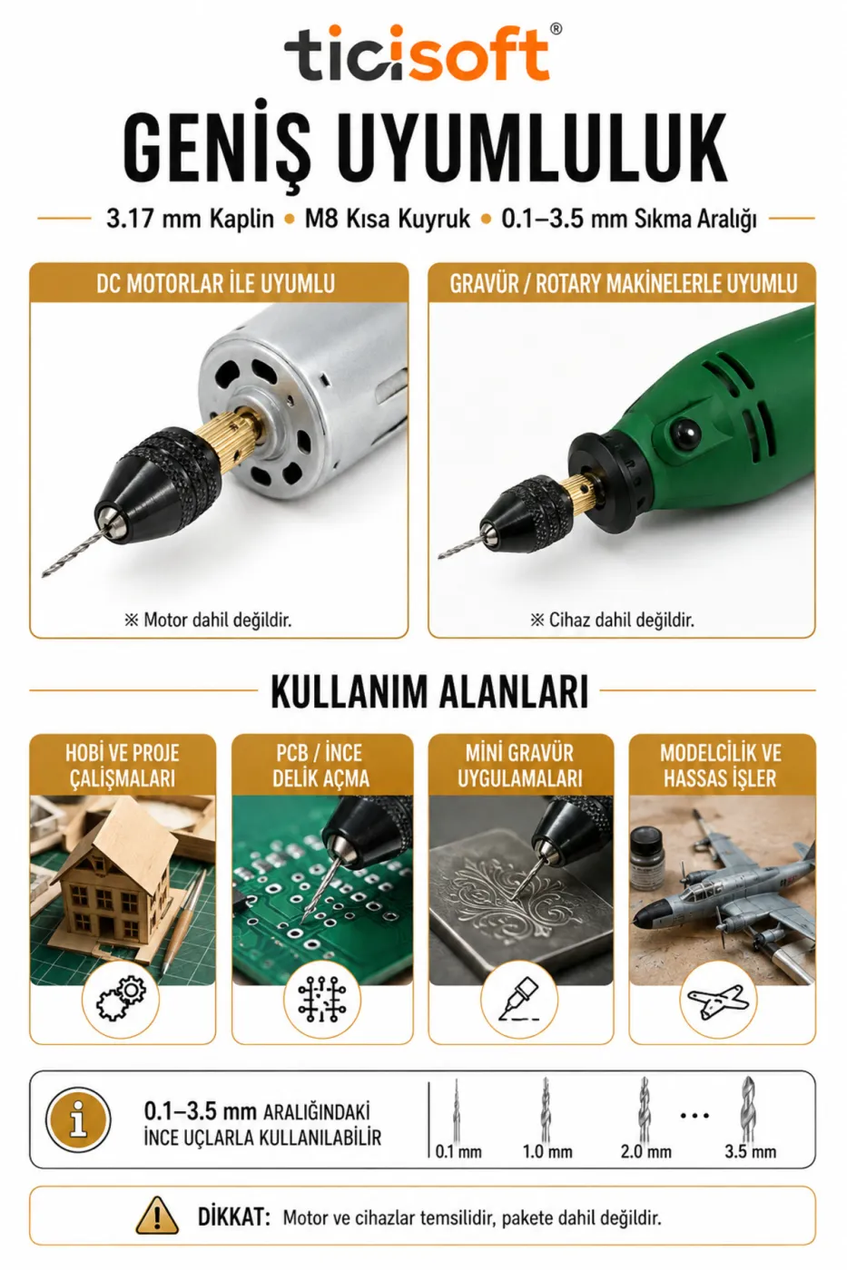 3.17 mm Motor Mili Otomatik Mandren Seti M8 Kısa Kuyruk 3 Çeneli Mini Gravür Makinesi Mandreni 0.1-3.5 mm