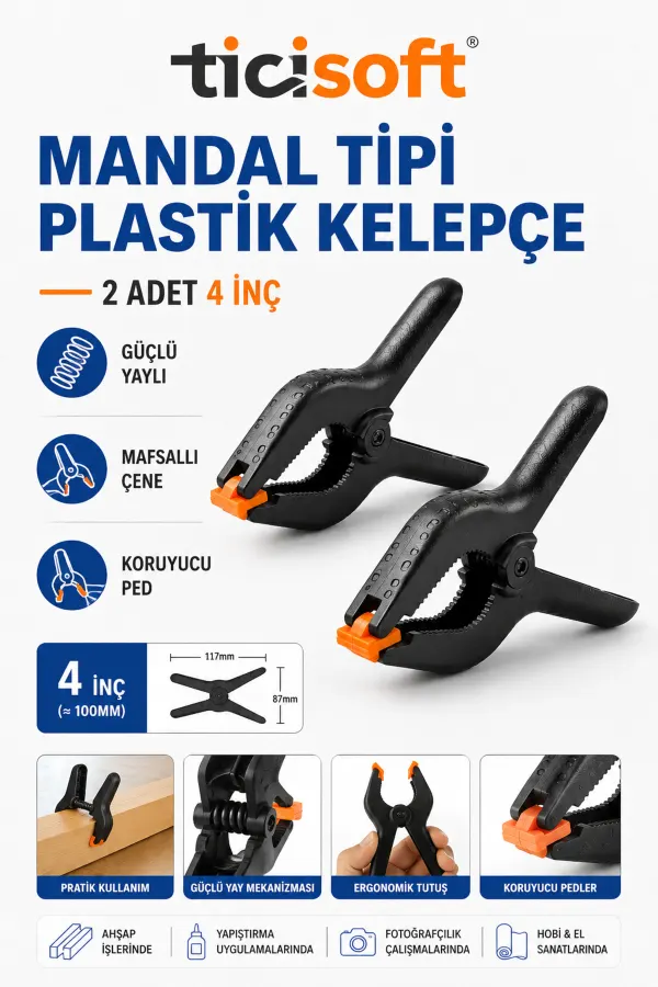 2 Adet 4 İnç Mandal Tipi Plastik Kelepçe Seti Güçlü Yaylı Mafsallı Çene İşkence Kıskaç Mengene