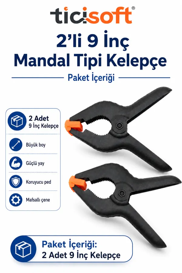 2 Adet 9 İnç Mandal Tipi Plastik Kelepçe Seti Güçlü Yaylı Mafsallı Çene İşkence Kıskaç