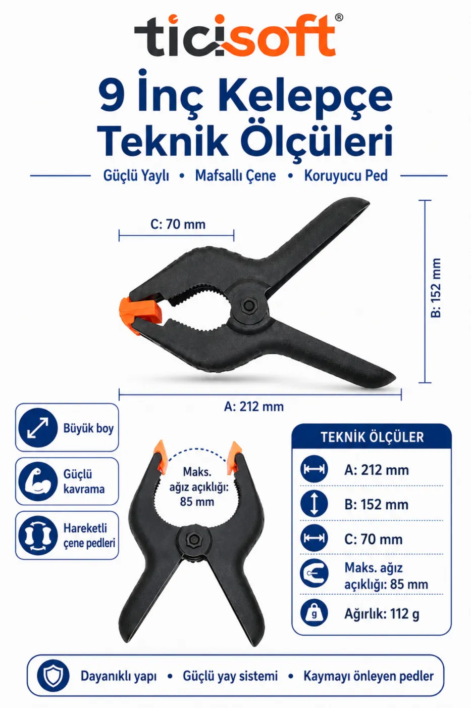 2 Adet 9 İnç Mandal Tipi Plastik Kelepçe Seti Güçlü Yaylı Mafsallı Çene İşkence Kıskaç