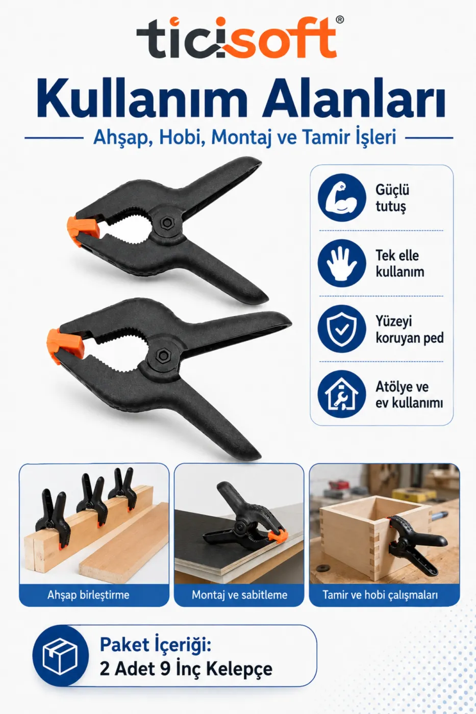 2 Adet 9 İnç Mandal Tipi Plastik Kelepçe Seti Güçlü Yaylı Mafsallı Çene İşkence Kıskaç
