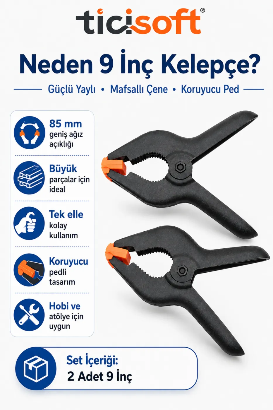 2 Adet 9 İnç Mandal Tipi Plastik Kelepçe Seti Güçlü Yaylı Mafsallı Çene İşkence Kıskaç
